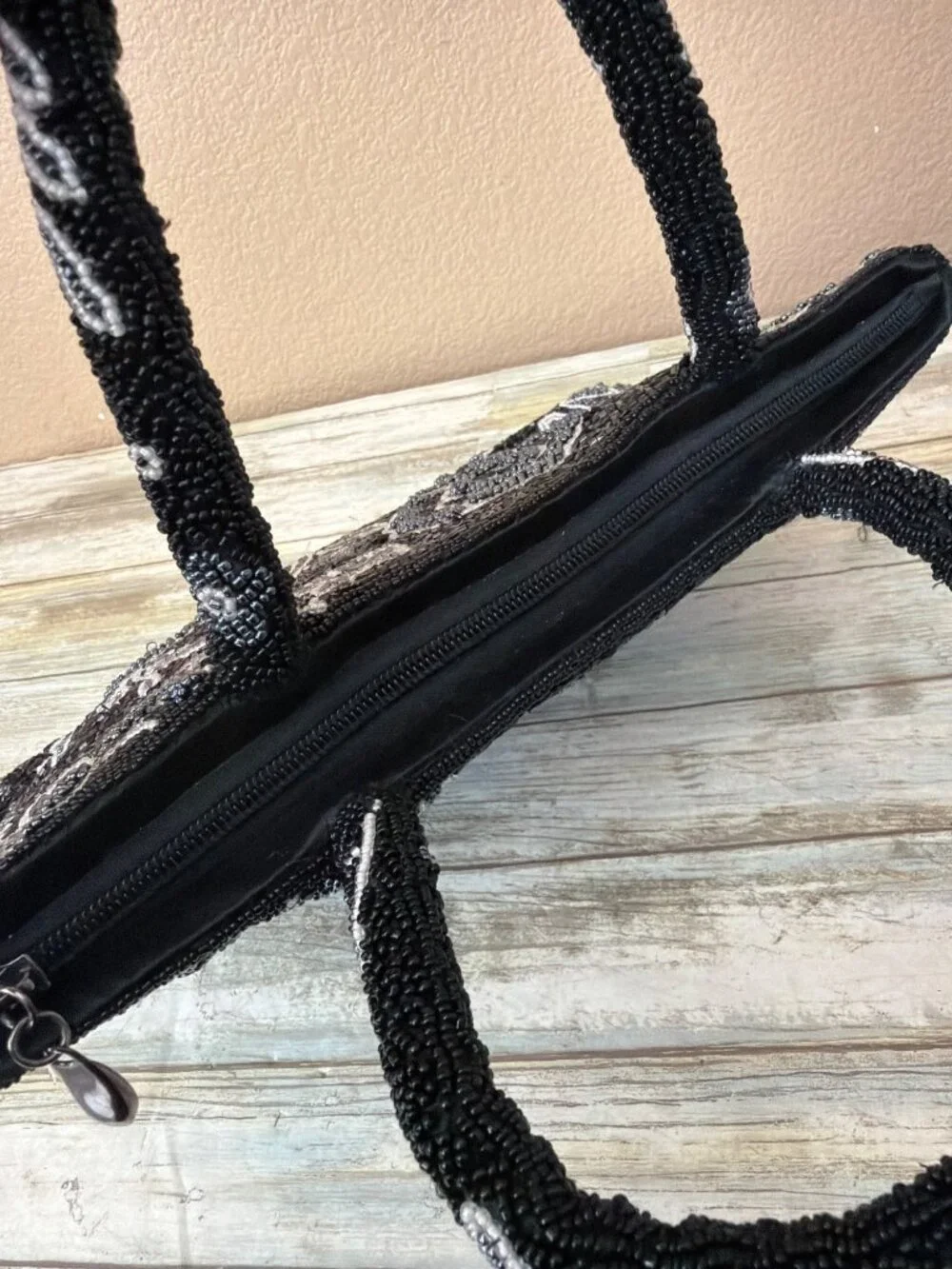 Vintage Black White Beaded Floral Evening Bag Top Handle Cocktail Purse - Picture 7 of 13